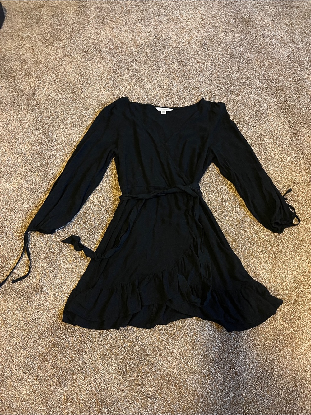 American Eagle Outfitters Black Long-Sleeve Wrap Dress with Ruffle Hem